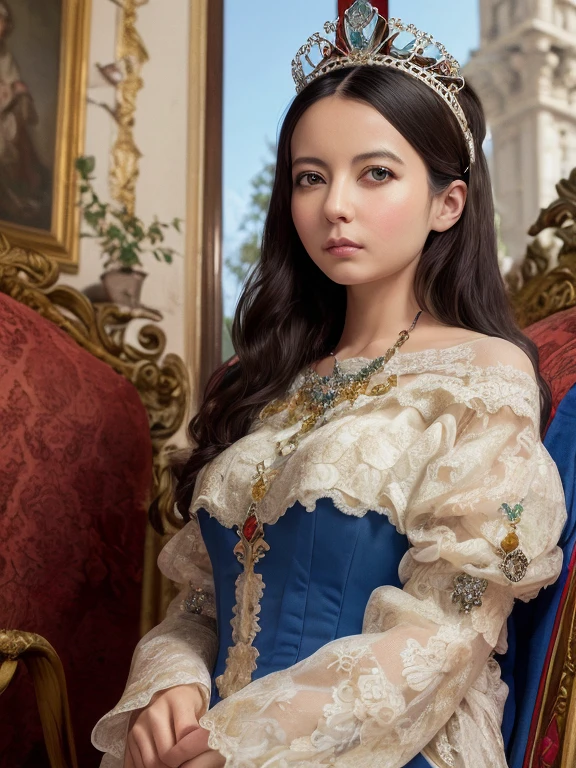 (Ultra-high resolution), (masterpiece), (Attention to detail), (high quality), (最high quality), ((upper body shot)) , One Girl, Medieval Lady, ((Queen)), Victorian Style, race, silk, Long gown, High upstyle, tiara, Royal Blue, Silver Accessories, Luxury Background, Royal Palace Garden, Coat of arms, Luxurious curtains, Classic beauty, Sophistication, noble, Royal Coat of Arms, Graceful pose, noble atmosphere