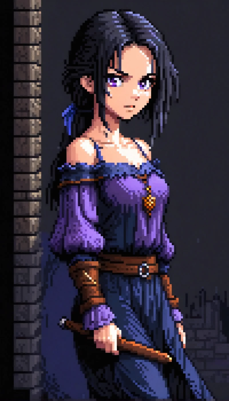 (Pixel art: 1.2), 1 girl, 40 years old, ragged medieval dark blue peasant tunic, off-shoulder and shoulder-less design, no acessories, purple eyes, side view, full body, covered nipples, visible lips and nose, black hair, black background, angry and determined expression.
