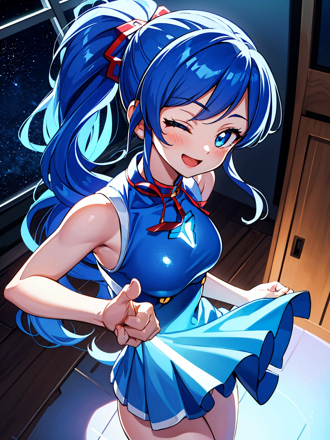 aikatsu,（Overhead view),dynamic angle,ultra-detailed, illustration, close-up, straight on, 1girl, ((blue souryuu asuka langley, interface headset, blue bodysuit:1.4, blue)),Her eyes shone like dreamy stars,(glowing eyes:1.233),(beautiful and detailed eyes:1.1),(expressionless),(standing), (masterpiece, best quality, ultra high res, perfect anatomy, extremely detailed), BREAK, 1girl, , red eyes, side_Ponytail, blue hair, very large ribbon in hair, idol costume, BREAK, (finger pointing), (full face), one eye closed, (open mouth), glow eyes, smile, stage light, (mechanic room with toolsand spaceship windowin a white SPACESHIP), (night:1.2),dreamy, [[delicate fingers and hands:0.55]::0.85],(detail fingers),