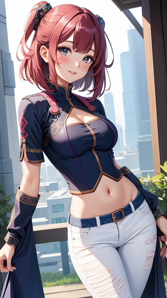 best quality, 1girl, masterpiece ultra detailed, illustration, yang guifei, glossy lips, blush, short hair, light smile, midriff, jeans