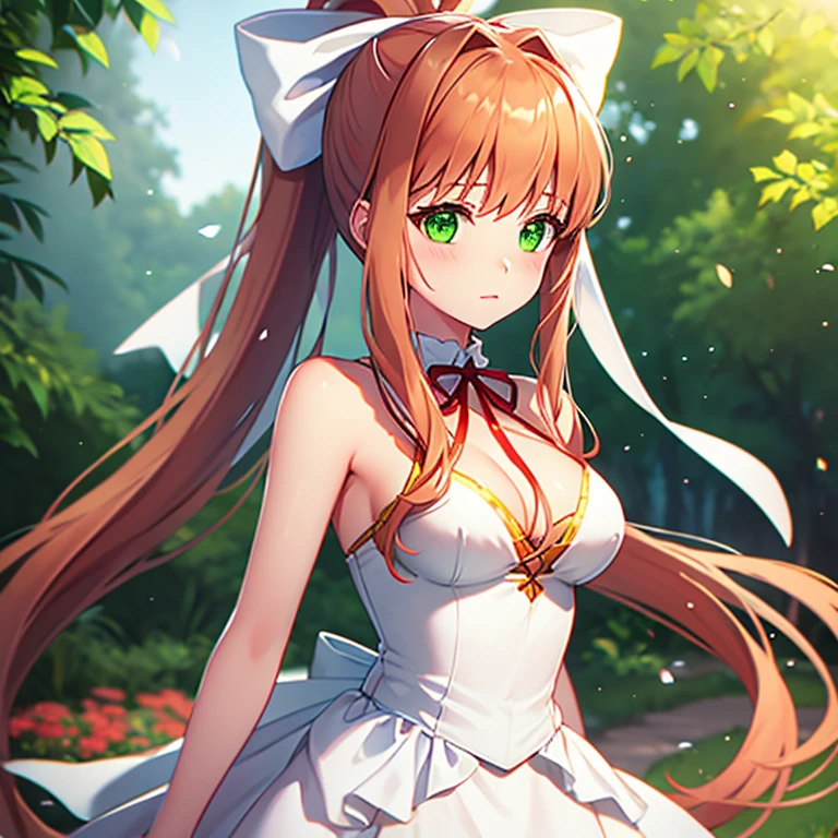 Monika,white and green dress,green eyes,long hair,ponytail,ribbon,coral brown hair,white ribbon,very long hair,bow,hair bow,breasts,white bow