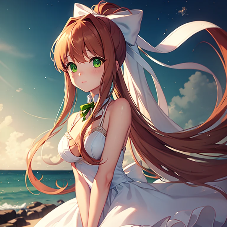 Monika,white and green dress,green eyes,long hair,ponytail,ribbon,coral brown hair,white ribbon,very long hair,bow,hair bow,breasts,white bow