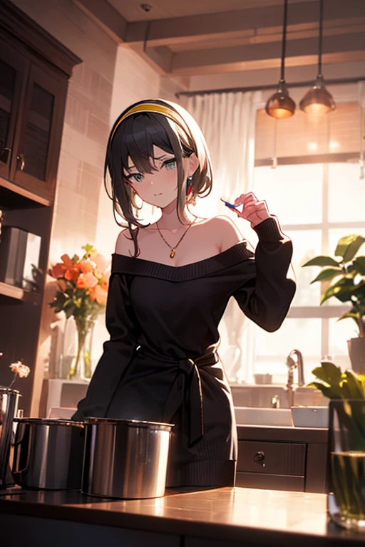 (from below:1.2), (perky chest:1.2), (pointed chest:1.2), 1girl, Bust A Cup, Amazing Cleavage:1.1, thin waist, big ass, Raised cute, small breast: 1.1 posed cleavage:1.2、solo, looking at viewer, have a cute glass of cute beer glass,black hair, dark green eyes, dress, bare shoulders, jewelry, collarbone, side locks, hairband, earrings, indoors, off shoulder, arms behind back, plants, short hair with long locks, gild hairband, off-shoulder dress, sweater dress, off-shoulder sweater, red sweater, dark gold hair, big side hair, very long side hair,is rendered in (masterpiece: 1.2, best quality), with (ultra high resolution) and an exquisite (depth of field). This masterpiece is not only visually stunning but also tells,A scene of cooking in the kitchen 