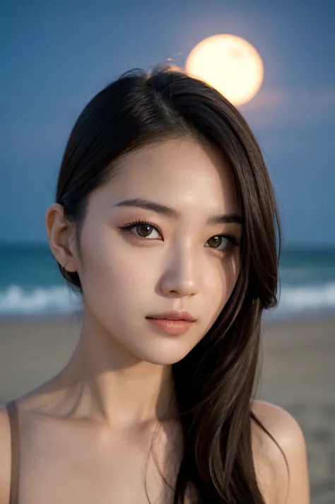 woman at night on the beach, bright moon, face hd, beautiful model
