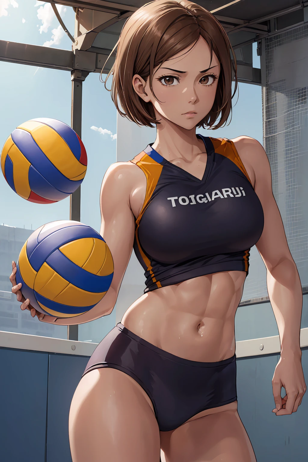 (Highest quality:1.5, High resolution, uhd, 4K, Detailed lighting, Shaders), ((Kugisaki Nobara)) ,solo short hair　Brown Hair　Brown eyes　Cool face　　((Volleyball Uniforms))++　Realistic gym　 Sweat　Super oily skin　Beautiful Abs　Preparing for exercise