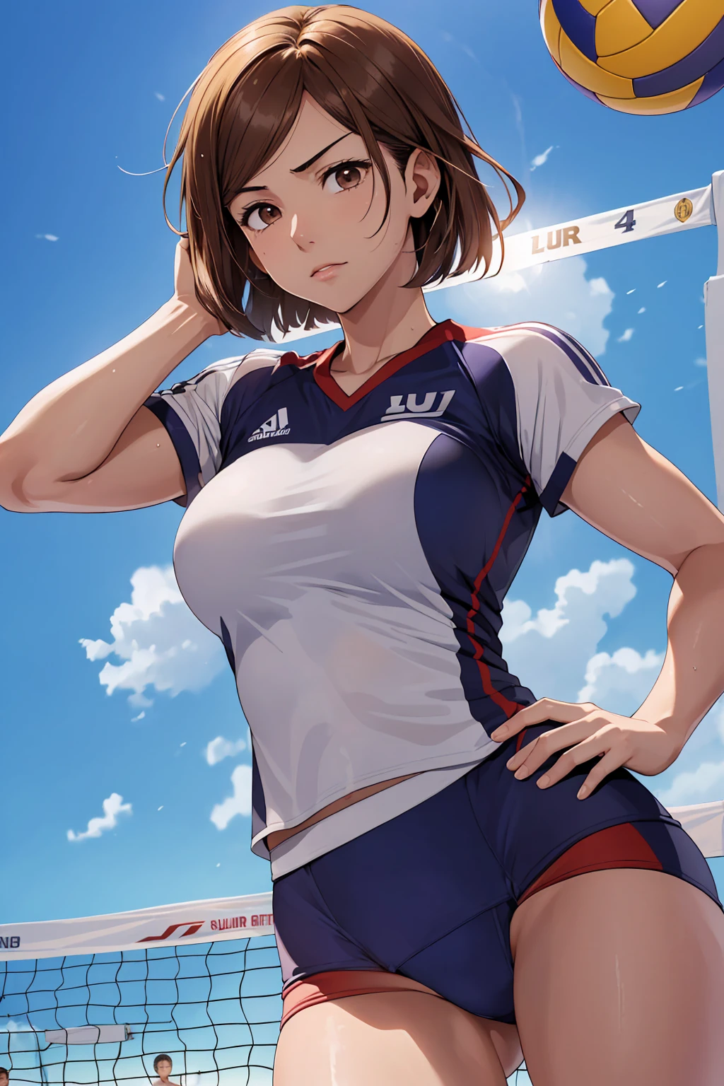 (Highest quality:1.5, High resolution, uhd, 4K, Detailed lighting, Shaders), ((Kugisaki Nobara)) ,solo short hair　Brown Hair　Brown eyes　Cool face　　((Volleyball Uniforms))++　Realistic gym　 Sweat　Super oily skin　Beautiful Abs　Preparing for exercise