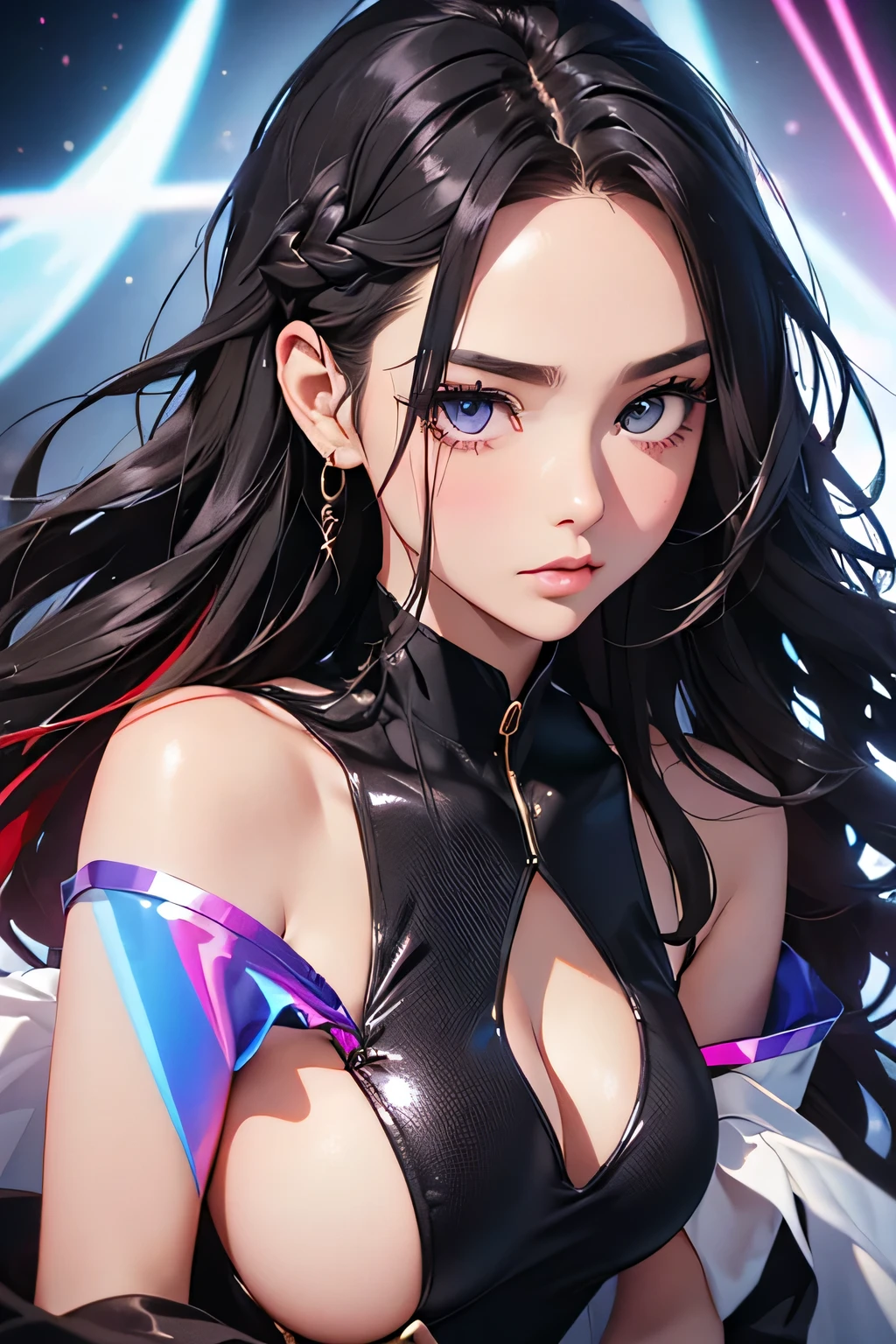 Highest quality、High resolution、Detailed Background、(Beautiful face in every detail:1.4)、Anatomically correct、(Detailed facial expressions)、(Detailed eyes:1.2)、Beautiful women in their 20s、(Highly detailed face:1.4)、(Huge breasts:1.2)、Cute hair colour、Braided long hair、Wavy Hairstyle、well-groomed eyebrows、Cute Eye Makeup、Cute Lip Makeup、Perfect body line、 Night party、Calm atmosphere、(Holographic Laser Dress:1.2)、
(A beautiful woman dancing in a Holographic Laser Dress under the glittering lights:1.5)、Your attention will be drawn to the luxurious space、Sip your whiskey and listen to the moody rhythm、
Dancing captivatingly with relaxed dance steps、Eyes that everyone admires、Give a provocative look、While playing with the glass with my fingertips、Captivate you、Soaring Gracefully、I&#39;m fascinated by your appearance、May this night last forever、A passionate night、

Bodycon Dress、Color is black or red、Deep navy colours create a sexy impression.、It&#39;s also a good idea to incorporate glamorous details such as lace and metallics.、Accessories should have a minimalist design、Necklaces and earrings、Add a subtle accent with a ring or something similar.、Shoes include strap sandals and pumps.、Simple and stylish is best、Overall, the outfit is sexy and elegant at the same time.、very beautiful