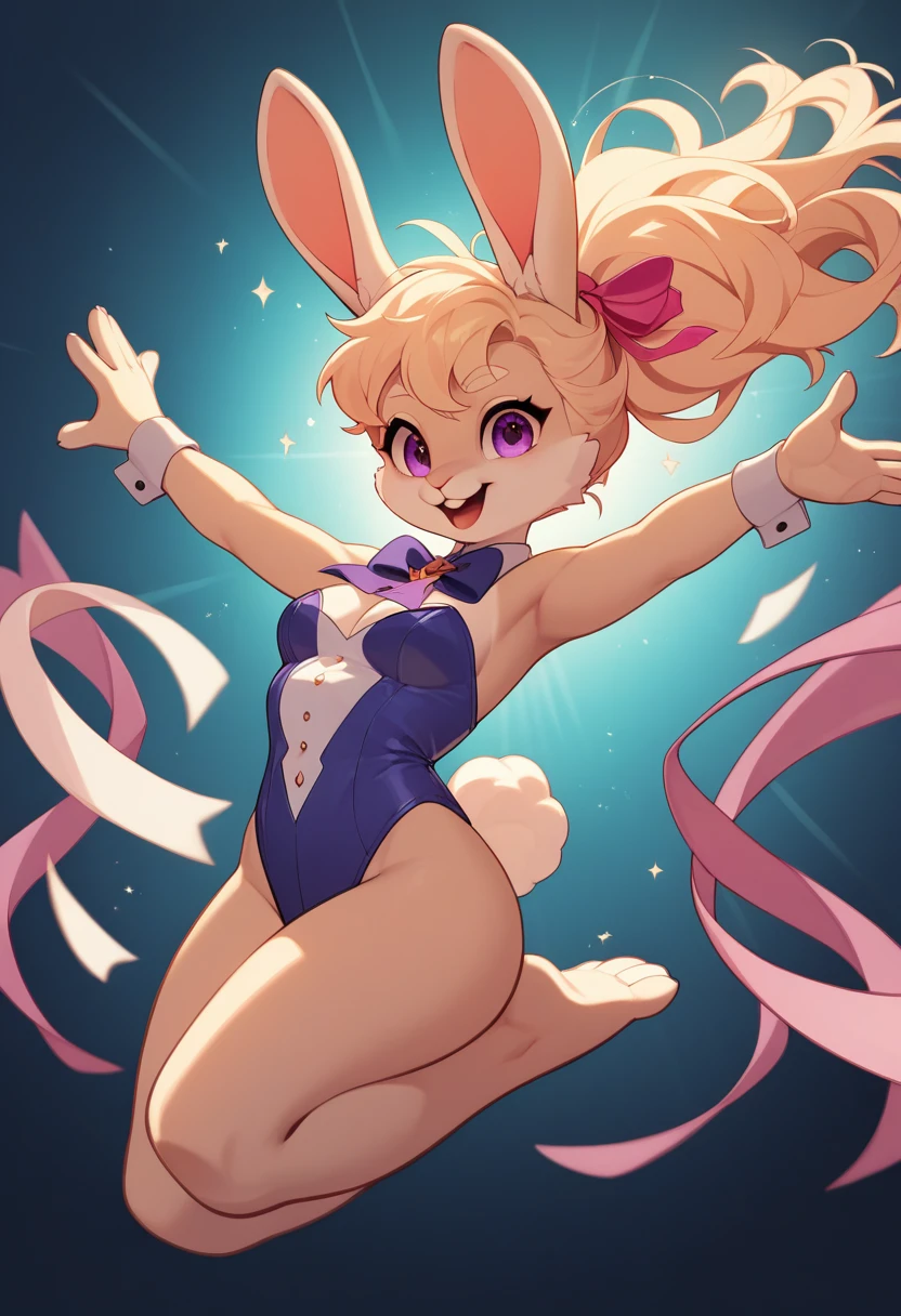 top quality, best quality, highres, masterpiece, absurdres, Perfect Anatomy(furry, angelic cute 1girl)(furry anthro, rabbit Facial Features, rabbit Body Features)(rabbit ears, Highly Detailed Body Fur)audition floor, dancing, flowing colorful ribbon, jumping, joyful smile, absurdres, volumetric lighting, good lighting, cinematic shadow,