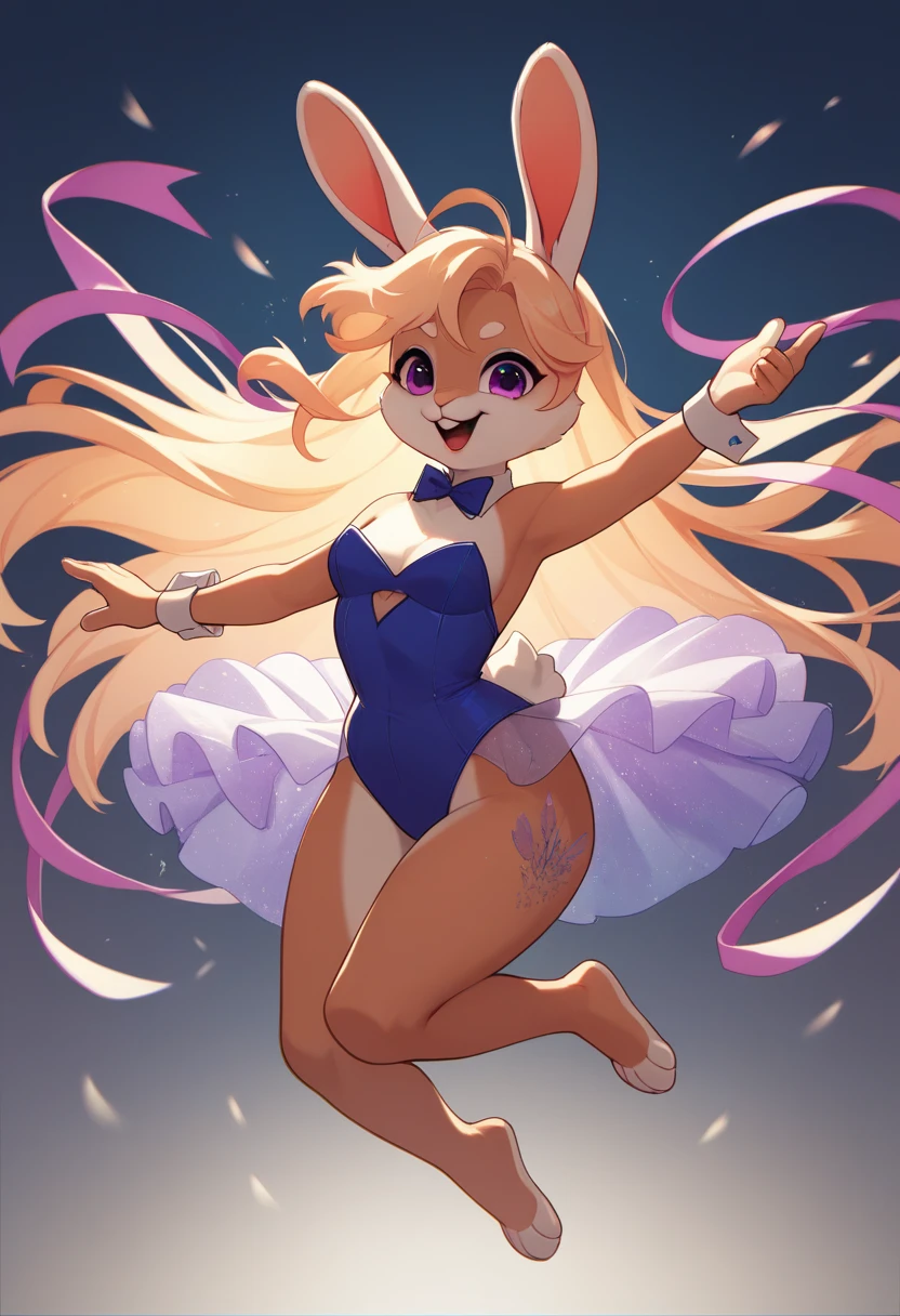 top quality, best quality, highres, masterpiece, absurdres, Perfect Anatomy(furry, angelic cute 1girl)(furry anthro, rabbit Facial Features, rabbit Body Features)(rabbit ears, Highly Detailed Body Fur)audition floor, dancing, flowing colorful ribbon, jumping, joyful smile, absurdres, volumetric lighting, good lighting, cinematic shadow,