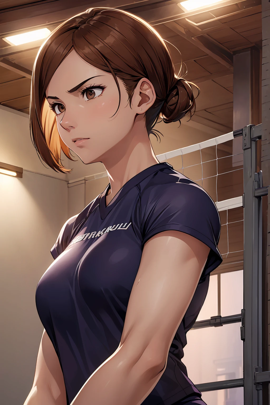 (Highest quality:1.5, High resolution, uhd, 4K, Detailed lighting, Shaders), ((Kugisaki Nobara)) ,solo short hair　Brown Hair　Brown eyes　Cool face　　((Volleyball Uniforms))++　Realistic gym　 Sweat　Super oily skin　Beautiful Abs　Preparing for exercise　No ball　No sleeve　whole body