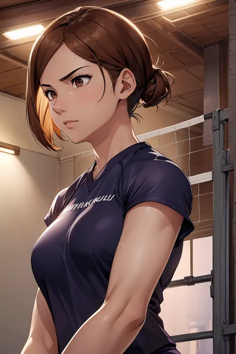 (Highest quality:1.5, High resolution, uhd, 4K, Detailed lighting, Shaders), ((Kugisaki Nobara)) ,solo short hair　Brown Hair　Bro...