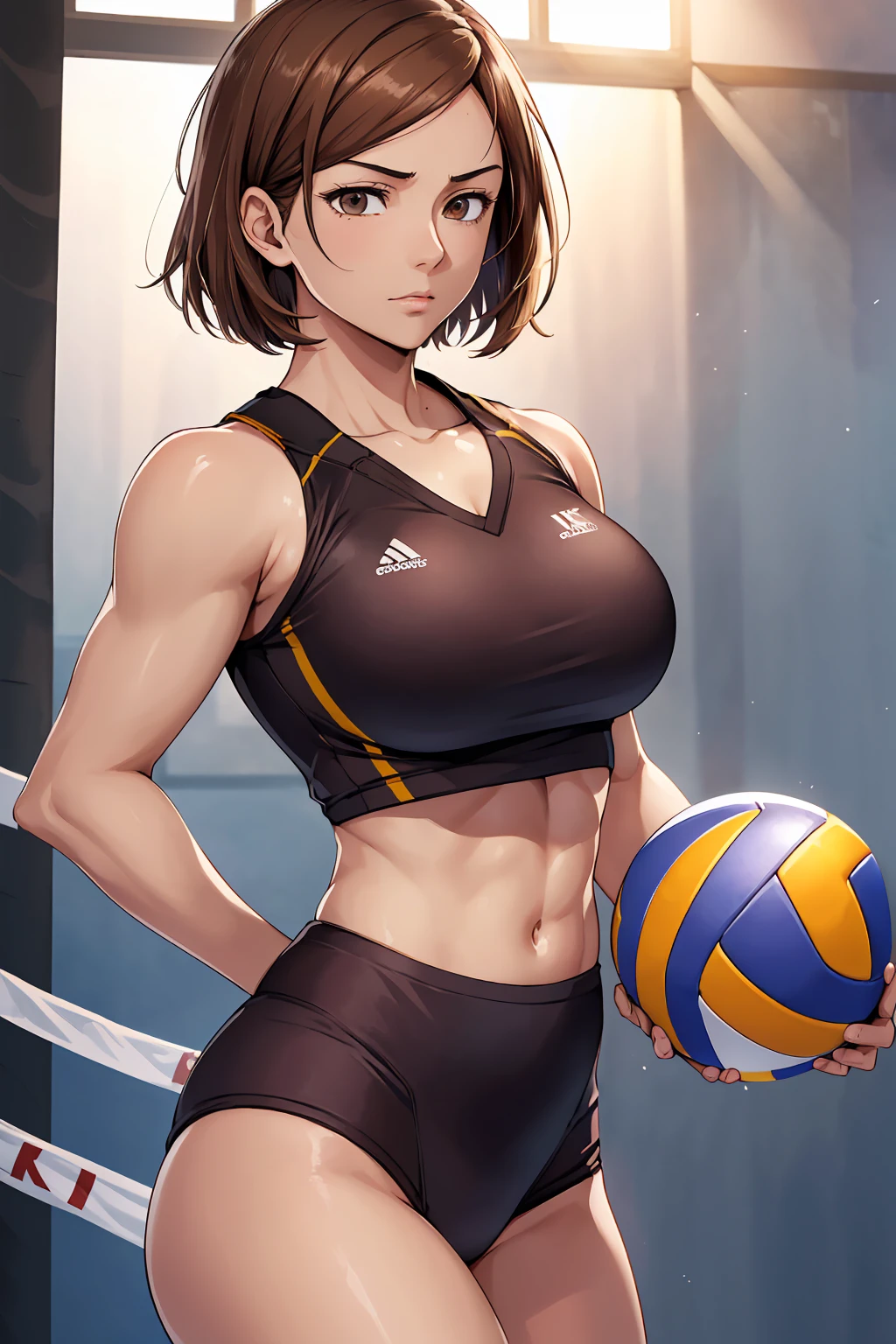 (Highest quality:1.5, High resolution, uhd, 4K, Detailed lighting, Shaders), ((Kugisaki Nobara)) ,solo short hair　Brown Hair　Brown eyes　Cool face　　((Volleyball Uniforms))++　Realistic gym　 Sweat　Super oily skin　Beautiful Abs　Preparing for exercise　No ball　No sleeve　Cowboy Shot