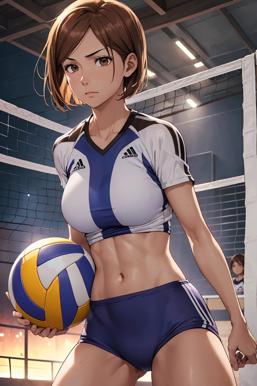(Highest quality:1.5, High resolution, uhd, 4K, Detailed lighting, Shaders), ((Kugisaki Nobara)) ,solo short hair　Brown Hair　Brown eyes　Cool face　　((Volleyball Uniforms))++　Realistic gym　 Sweat　Super oily skin　Beautiful Abs　Preparing for exercise　No ball　No sleeve　Cowboy Shot