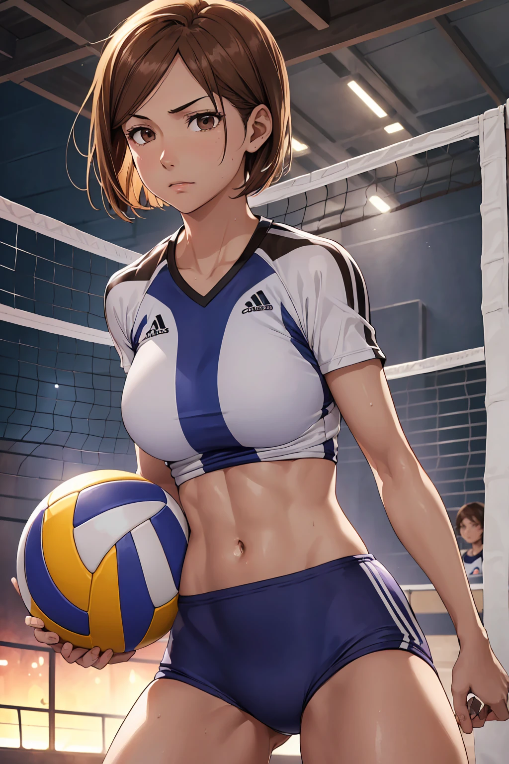 (höchste Qualität:1.5, hohe Auflösung, uhd, 4K, detaillierte Beleuchtung, Shader), ((Kugisaki Nobara)) ,allein kurze haare　braune Haare　braune Augen　Cooles Gesicht　　((Volleyballuniformen))++　Realistisches Fitnessstudio　 Schweiß　sehr fettige Haut　schöne Bauchmuskeln　Vorbereitung auf das Training　kein Ball　Kein Ärmel　Cowboy-Schuss