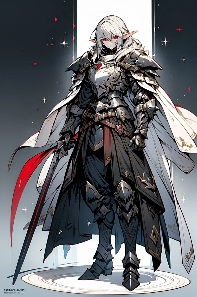 ハーフエルフの男性騎士, 全身アート, 銀髪, 白い肌, 赤い目, フルプレートで飾られた暗い鎧の騎士, 黒いケープ, 完璧なディテール.