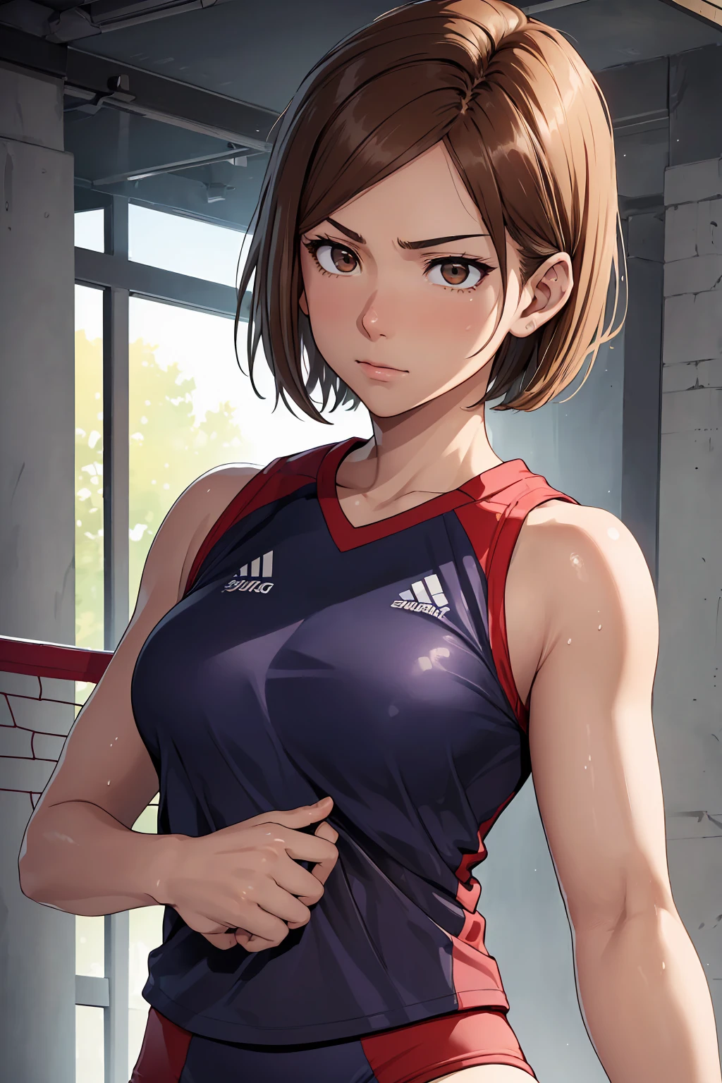 (Highest quality:1.5, High resolution, uhd, 4K, Detailed lighting, Shaders), ((Kugisaki Nobara)) ,solo short hair　Brown Hair　Brown eyes　Cool face　　((Volleyball Uniforms))++　Realistic gym　 Sweat　Super oily skin　　Preparing for exercise　No ball　No sleeve　Cowboy Shot