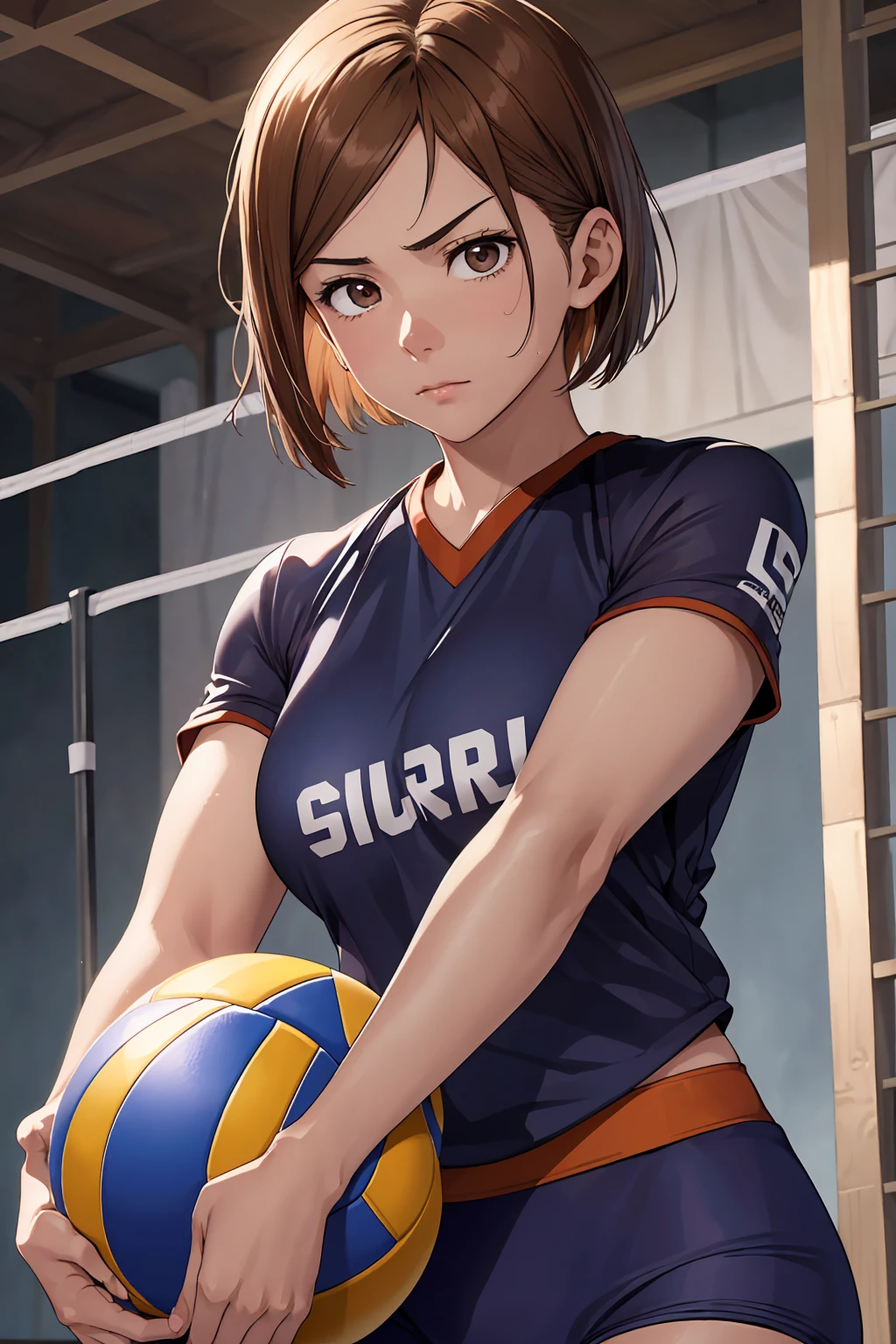 (Highest quality:1.5, High resolution, uhd, 4K, Detailed lighting, Shaders), ((Kugisaki Nobara)) ,solo short hair　Brown Hair　Brown eyes　Cool face　　((Volleyball Uniforms))++　Realistic gym　 Sweat　Super oily skin　　Preparing for exercise　No ball　No sleeve　Cowboy Shot