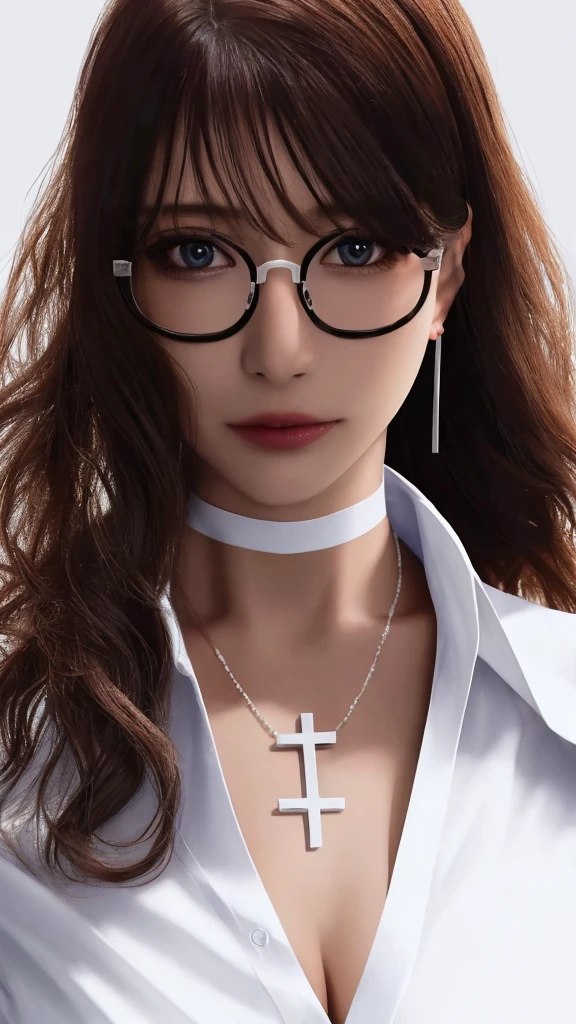 (masterpiece),(best quality),(ultra highres),(8k resolution),(realistic),(ultra detailed),(sharp focus),(RAW photo),
1girl,good hand,(long hair),(wavy hair),(hair over one eye),glasses,(choker),(cross necklace),(earrings),(sapphire eyes),(nearly torn white shirt:1.6),(ahegao),(blush:0.5),