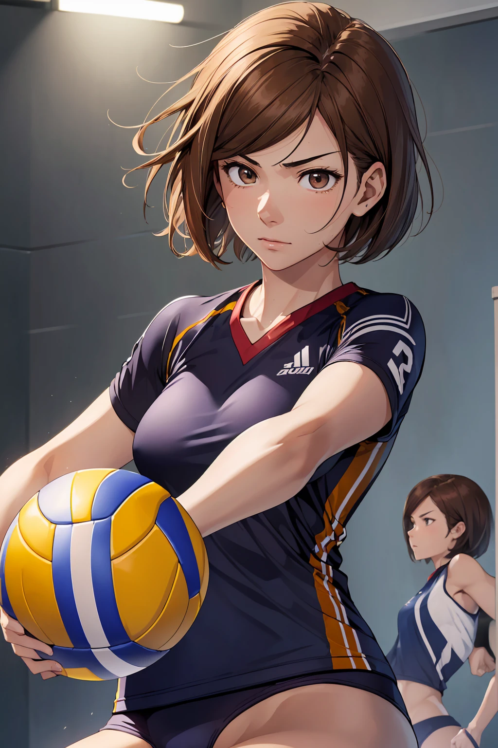 (Highest quality:1.5, High resolution, uhd, 4K, Detailed lighting, Shaders), ((Kugisaki Nobara)) ,solo short hair　Brown Hair　Brown eyes　Cool face　　((Volleyball Uniforms))++　Realistic gym　 Sweat　Super oily skin　　Preparing for exercise　No ball　No sleeve　Cowboy Shot