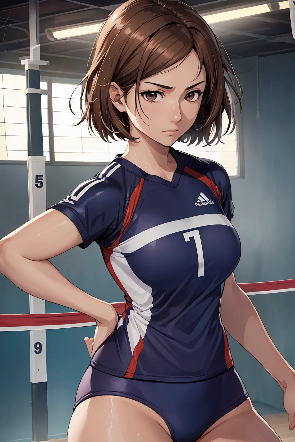 (Highest quality:1.5, High resolution, uhd, 4K, Detailed lighting, Shaders), ((Kugisaki Nobara)) ,solo short hair　Brown Hair　Brown eyes　Cool face　　((Volleyball Uniforms))++　Realistic gym　 Sweat　Super oily skin　　Preparing for exercise　No ball　No sleeve　Cowboy Shot