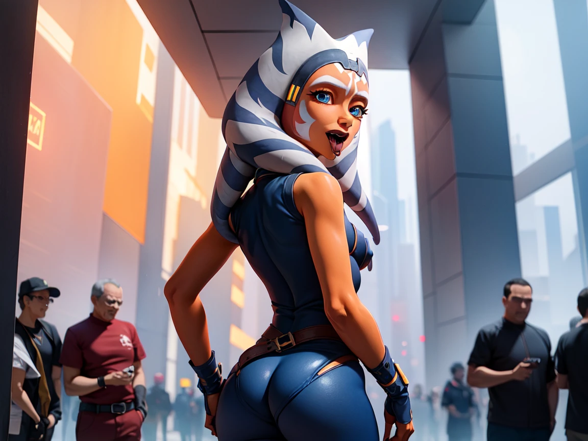 (masterpiece, best quality, ultra-detailed), AhsokaTano, (orange skin:1.2), sexy, young, teen, 13yearold, blue eyes, makeup, small breasts, blue shirt, vambraces, fingerless gloves, hip armor, blue skirt, blue leggings, standing, from behind, looking at viewer, blush, open mouth, tongue out, drooling, letting strangers fuck her ass on a crowded street, line of old men