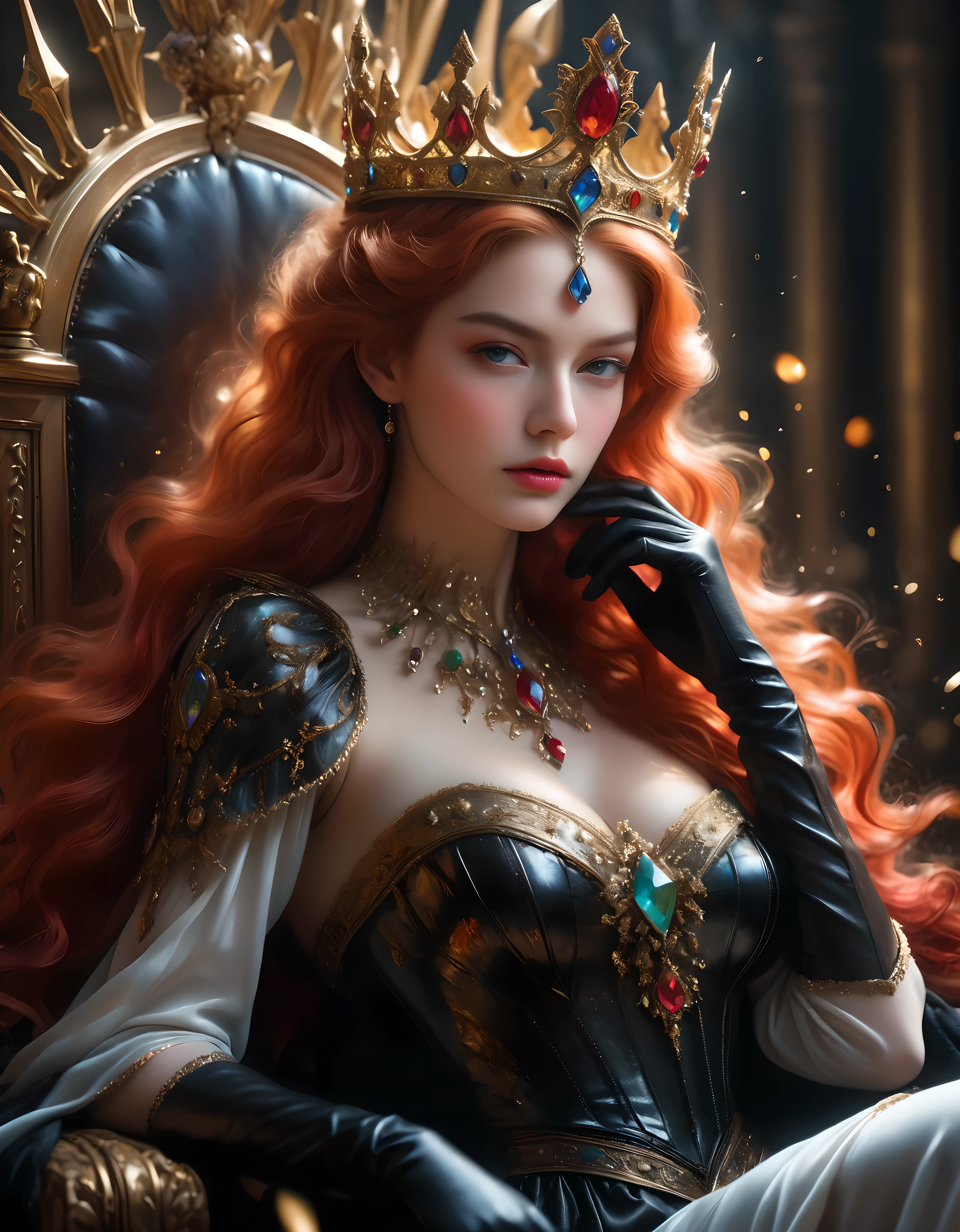 ((Masterpiece in maximum 16K resolution):1.6),((soft_color_photograpy:)1.5), ((Ultra-Detailed):1.4),((Movie-like still images and dynamic angles):1.3) | ((double contact):1.3), ((Majestic Supermodel beauty in a queen coronation on a throne):1.2), ((Superimposed on Red head Pretty French Female):1.1), ((Dark Throne lighting):1.3), Agnes Cecile, Jeremy Mann, Oil and ink on canvas, fine dark art, super dramatic light, photoillustration, amazing depth, the ultra-detailed, iridescent black, superfluous dreams, intricately details, amazing depth, Amazing atmosphere, Mesmerizing whimsical vibrant landscapes, ((Majestic Queen coronation):1.2), ((majestic hand gloves):1.1), Maximalism ((beautiful outside, Ugly inside, pressure and pain, beauty and despair, hard and soft, positive and negative, hot and cold, Sweet and sour, Vibrant but boring, Perfect harmony, light and shadows, old and young, Black and white, Corresponding color, loud and quiet, Chaos and peace, life and death):1.2) The complex masterpiece of a real-time engineering leader. | Rendered in ultra-high definition with UHD and retina quality, this masterpiece ensures anatomical correctness and textured skin with super detail. With a focus on high quality and accuracy, this award-winning portrayal captures every nuance in stunning 16k resolution, immersing viewers in its lifelike depiction. | ((perfect_composition, perfect_design, perfect_layout, perfect_detail, ultra_detailed)), ((enhance_all, fix_everything)), More Detail, Enhance.