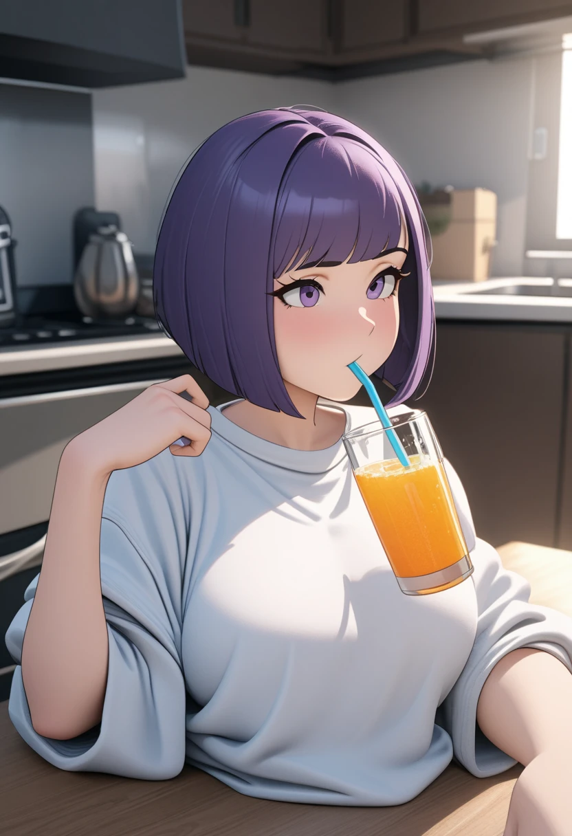 Adult Female, Black purple hair, slanted bob haircut, phlegmatic, stoic expression, cyberpunk apartment kitchen, sipping a small glass of drink, baggy clothes, slobbish, not looking, highly detailed, high quality, perfect quality, 8k