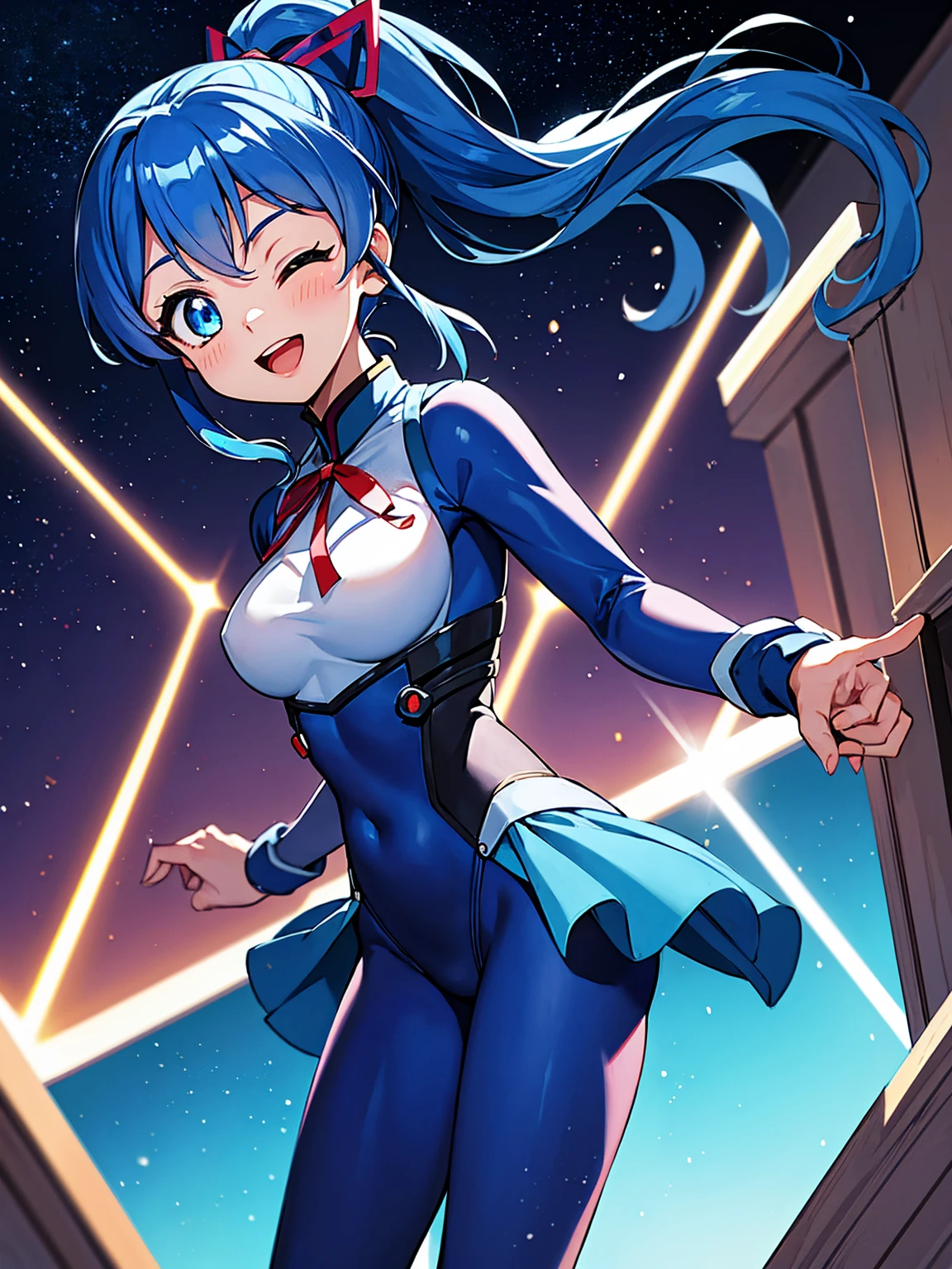 aikatsu,（Overhead view),dynamic angle,ultra-detailed, illustration, close-up, straight on, 1girl, ((blue souryuu asuka langley, interface headset, blue bodysuit:1.4, blue)),Her eyes shone like dreamy stars,(glowing eyes:1.233),(beautiful and detailed eyes:1.1),(expressionless),(standing), (masterpiece, best quality, ultra high res, perfect anatomy, extremely detailed), BREAK, 1girl, 14 years old, red eyes, side_Ponytail, blue hair, very large ribbon in hair, idol costume, BREAK, (finger pointing), (full face), one eye closed, (open mouth), glow eyes, smile, stage light, (mechanic room with toolsand spaceship windowin a white SPACESHIP), (night:1.2),dreamy, [[delicate fingers and hands:0.55]::0.85],(detail fingers),