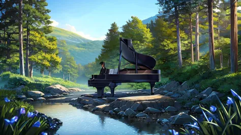 A large black grand piano placed beside a small stream lined with irises、White clouds in blue sky、A typical grand piano