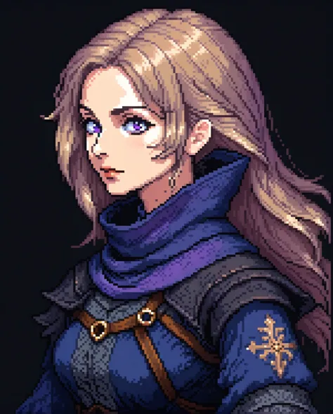 (Pixel art: 1.2), 1 middle-aged woman, around 50 years old, bandit dark blue medieval clothes, with a fitted design, light brown...