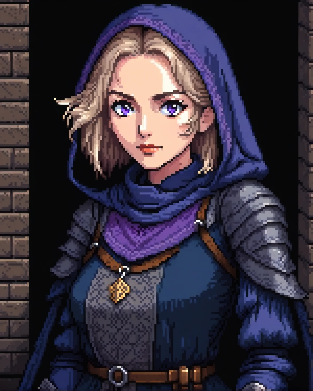 (Pixel art: 1.2), 1 femme d&#39;âge moyen, environ 50 ans, vêtements médiévaux bleu foncé bandit, avec un design ajusté, cheveux brun clair, vue de face, lèvres et nez visibles, yeux violets, Fond noir, expression calme et mystérieuse.