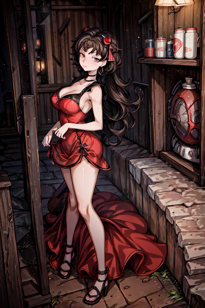 (8K HDR photorealistic pic), Betty Boop, short, althetic, curvy lady, ((tight little red dress)), dark eyebrows, black lipstick, (hoop earrings), dark eyeshadow, black lipstick, curvy, busty, (curly short black hair), shortstack, (retroussé breasts), darling figure, (supple pouting breasts), firm thighs, hourglass figure, kerchief, big brown eyes, dancing seductively