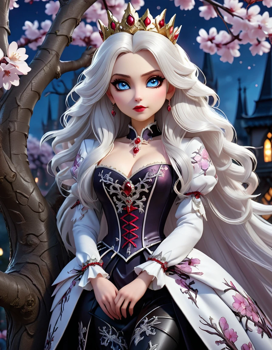 Close-up, cute vampire queen (leaning on tree:1.2) of Sakura, extravagant noble dress, (high sharp boots), (big crown:1.2), (intricate Gothic spires in night background), flowing white hair, sparkling sapphire eyes, masterpiece in maximum 16K resolution, superb quality, ultra detailed.