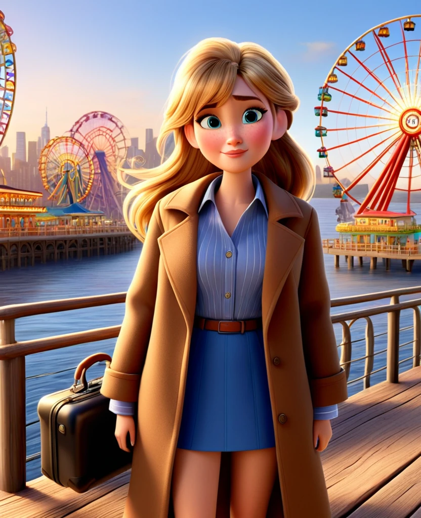 Pixar mom, attractive woman, super high details, erotic, looking at the camera,A blonde haired in a long ponytail sits on a wooden bench and stares into the distance. His outfit consists of a long brown coat, a blue collared shirt, and a brown suitcase hanging under his arm. The background features a Ferris wheel and a pier, with the New York skyline looming in the distance.