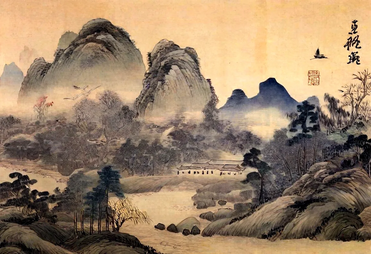 arafud view，mountain，river and birds, chinese landscape, qing dynasty painting, inspired by zhang shunzi, author：dondi, chinese ...