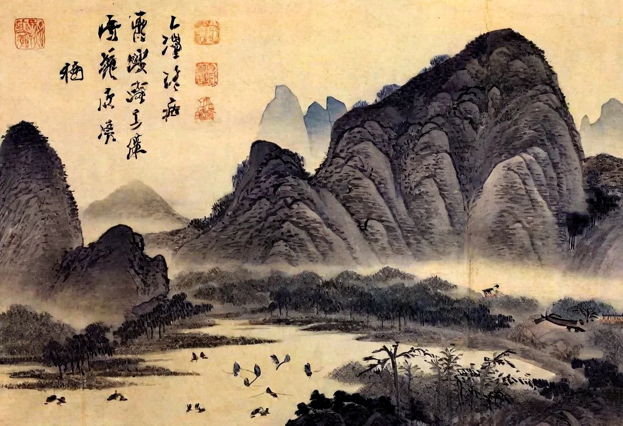 arafud view，mountain，river and birds, chinese landscape, qing dynasty painting, inspired by zhang shunzi, author：dondi, chinese ...