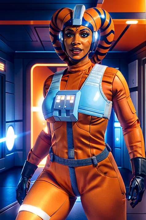 twilek in rebel pilot suit,orange skin,futuristic corridor,tech,space base