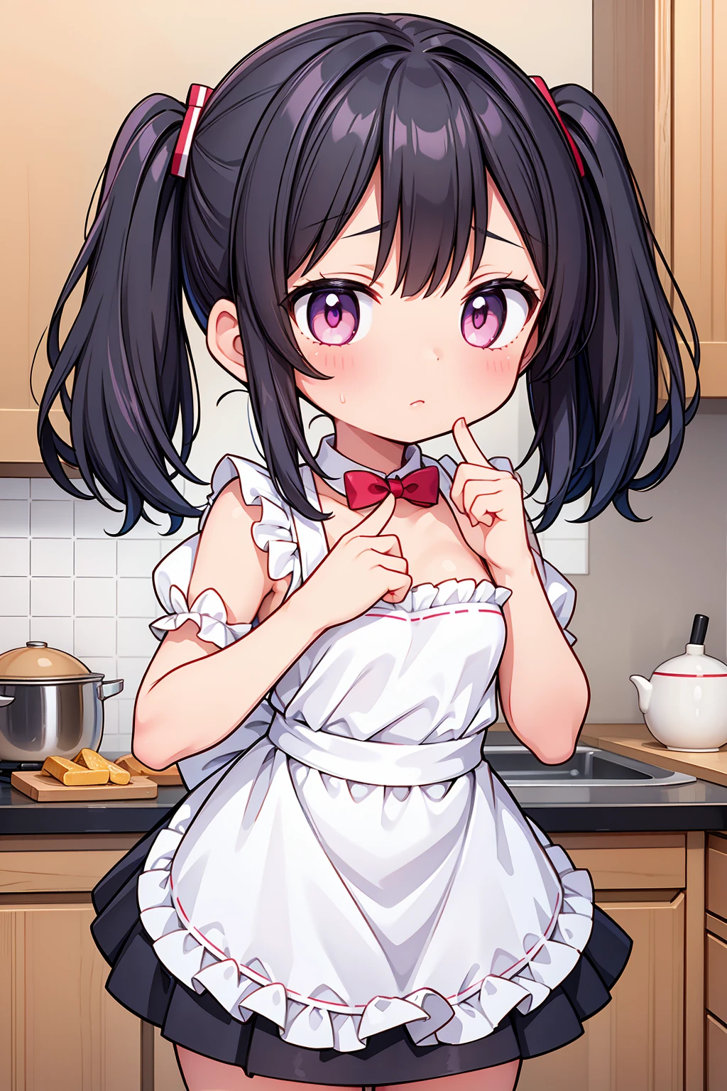 (8K, Highest image quality, highest quality, masterpiece), detailed face, ((loli)), ((girl)), (little loli curve), black hair, short twintails, pink eyes, (tiny breasts), (naked apron), cowboy shot, put your hand on your mouth, kitchen background, ((very blushing)), ((detailed hands and fingers)), viewer perspective from below, (blush)