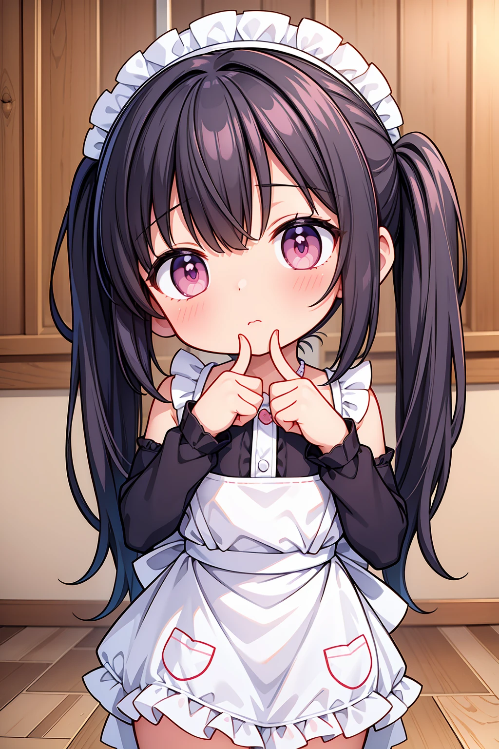 (8K, Highest image quality, highest quality, masterpiece), detailed face, ((loli)), ((girl)), (little loli curve), black hair, short twintails, pink eyes, (tiny breasts), (naked apron), cowboy shot, put your hand on your mouth, kitchen background, ((very blushing)), ((detailed hands and fingers)), viewer perspective from below, (blush)