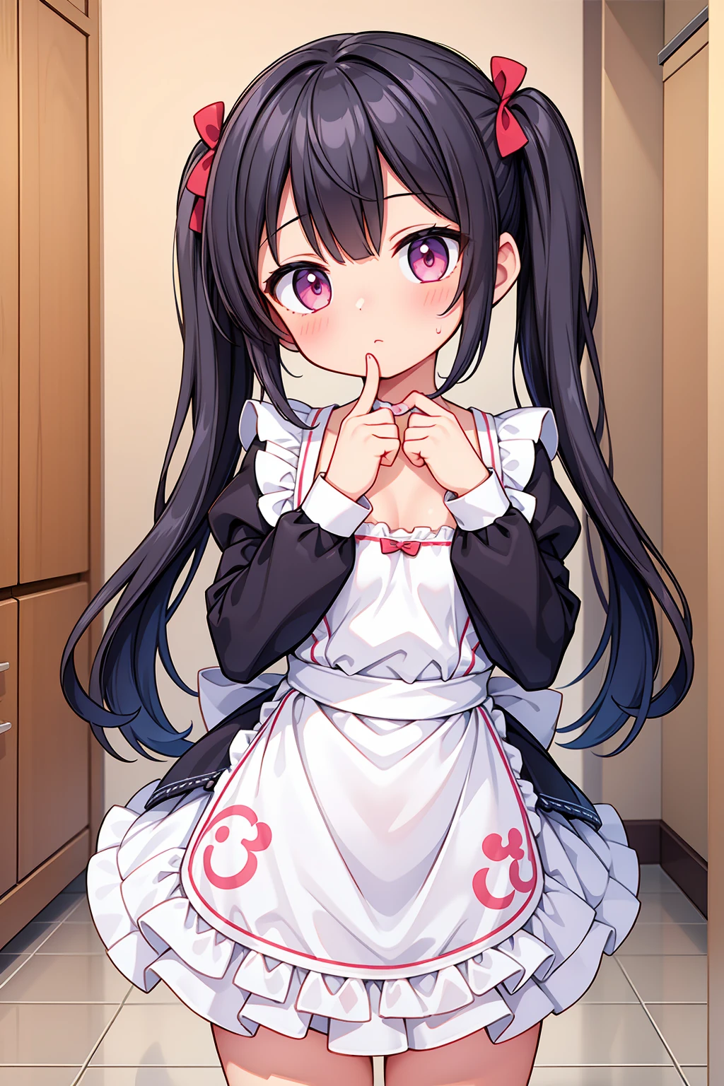 (8K, Highest image quality, highest quality, masterpiece), detailed face, ((loli)), ((girl)), (little loli curve), black hair, short twintails, pink eyes, (tiny breasts), (naked apron), cowboy shot, put your hand on your mouth, kitchen background, ((very blushing)), ((detailed hands and fingers)), viewer perspective from below, (blush)