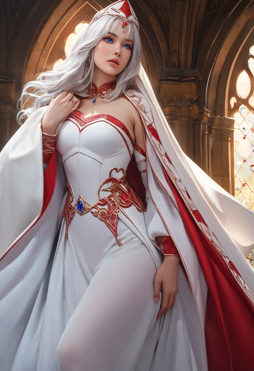 (best quality,4k,8k,highres,masterpiece:1.2), ultra-detailed, (realistic,photorealistic,photo-realistic:1.37),((Highly detailed CG Unity 8k wallpaper)), masterpiece, Super detailed, floating, High resolution, Sexually suggestive, (small, Extremely long white hair, Princess, White Mage, blue eyes, (It has long, wide sleeves and intricate embroidery. A gorgeous layered long dress in white and red with a sheer look), Bridal Veil, Circlet, Bridal Gauntlet, Blushing, shy, arched back, Frilled petticoat, Glamorous corset,