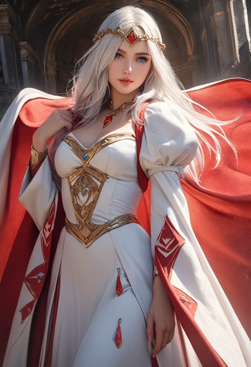 (best quality,4k,8k,highres,masterpiece:1.2), ultra-detailed, (realistic,photorealistic,photo-realistic:1.37),((Highly detailed CG Unity 8k wallpaper)), masterpiece, Super detailed, floating, High resolution, Sexually suggestive, (small, Extremely long white hair, Princess, White Mage, blue eyes, (It has long, wide sleeves and intricate embroidery. A gorgeous layered long dress in white and red with a sheer look), Bridal Veil, Circlet, Bridal Gauntlet, Blushing, shy, arched back, Frilled petticoat, Glamorous corset,