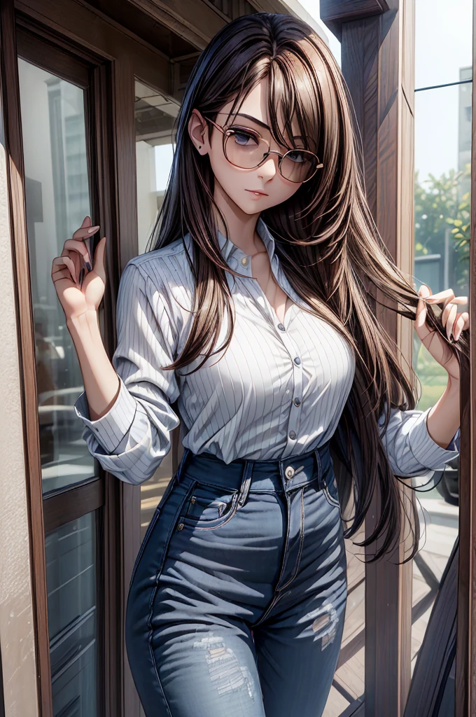 (masterpiece, best quality:1.2), detailed face, detailed eyes, elegant woman, long hair, high heeled,shiny skin,welcomes you at the door, Shirt, pants,random colar, ponitail hair,cool attitude,cool glasses,exciting,cool, perfect hand:1