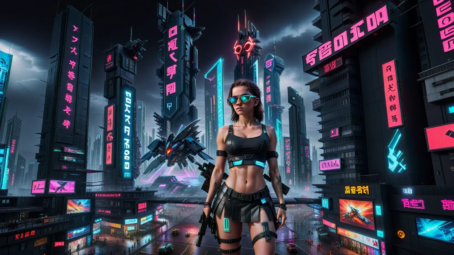 (((aerial view))) image of a cyberpunk cityscape, (((all-glass))) towering skyscrapers, a lot of neon lights and holographic billboards, futuristic, high-tech elements, 1drone. In the foreground, a woman, mechanical joints. at night, (((1girl, solo, alone))), photo realistic, (medium-breast slim body, cleavage), (((tank top, extreamly short pleated (((miniskirt))) exposing panty))), (((((black sunglasses))))), (((((aiming at camera with a (short gun), (looking at camera)))))), (((dynamic pose))), (((((half-body (thigh level) medium shot))))), (cinematic lighting).