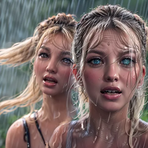 masterpiece of ExtremelyDetailed (ProfessionalPhoto of Stunning women:1.4) Looking at Sky, (((Downpour))), BraidHair with bun, (...