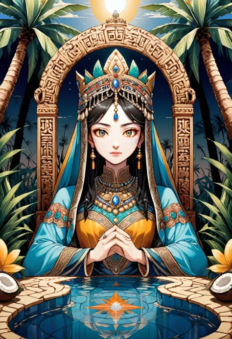 (Queen, crown), The Empress, wearing a crown, sat by a pool in a desert oasis, dressed in gorgeous Middle Eastern style attire a...