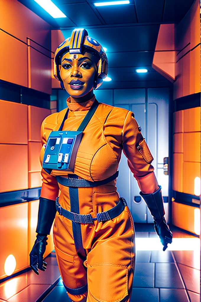 twilek in rebel pilot suit,Orangenhaut,futuristischer Korridor,tech,Weltraumbasis