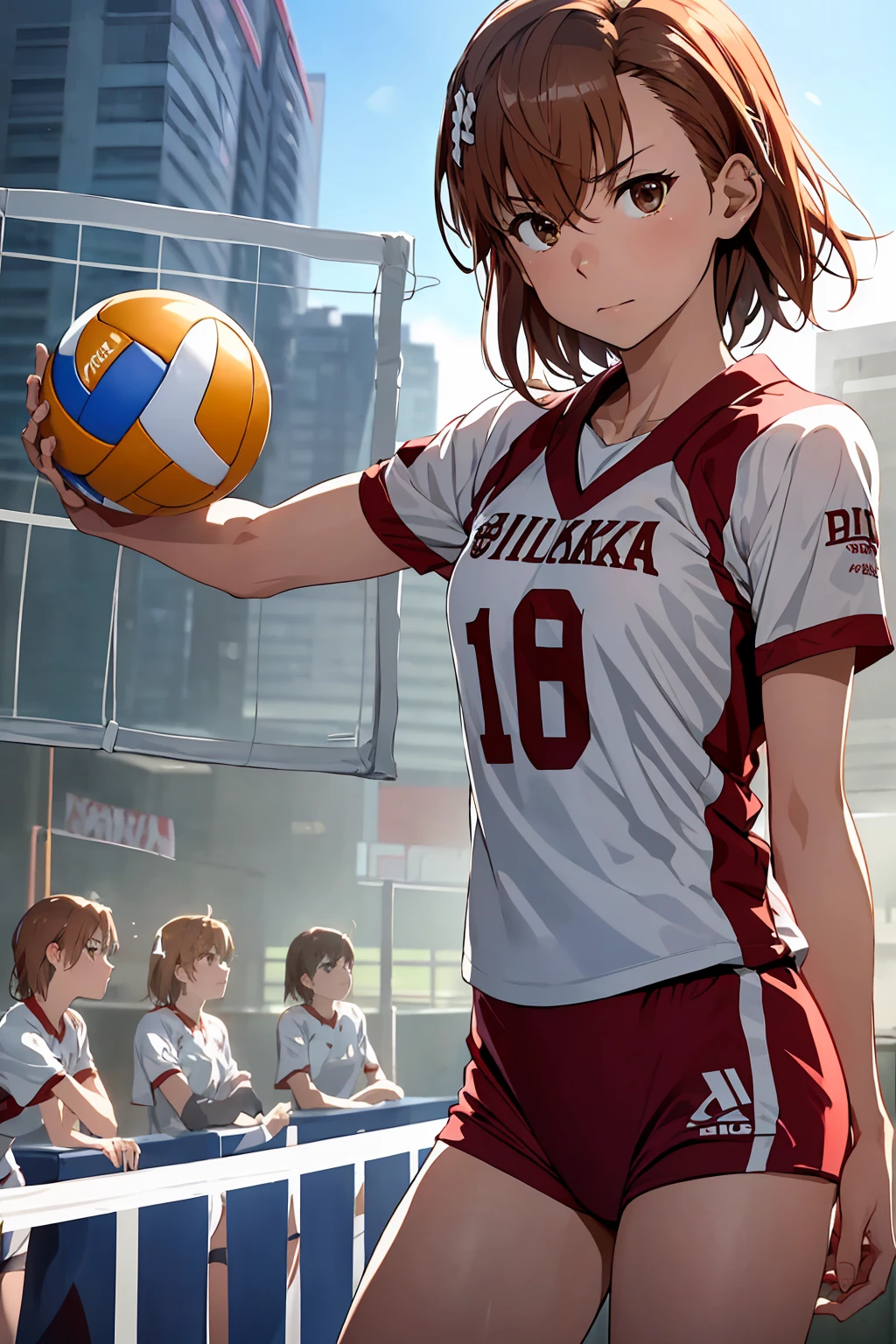 (Highest quality:1.5, High resolution, uhd, 4K, Detailed lighting, Shaders), ((Misaka Mikoto)) ,solo short hair　Brown Hair　Brown eyes　Cool face　　((Volleyball Uniforms))++　Realistic gym　 Sweat　Super oily skin　　Preparing for exercise　No ball　((No sleeve))　Cowboy Shot
