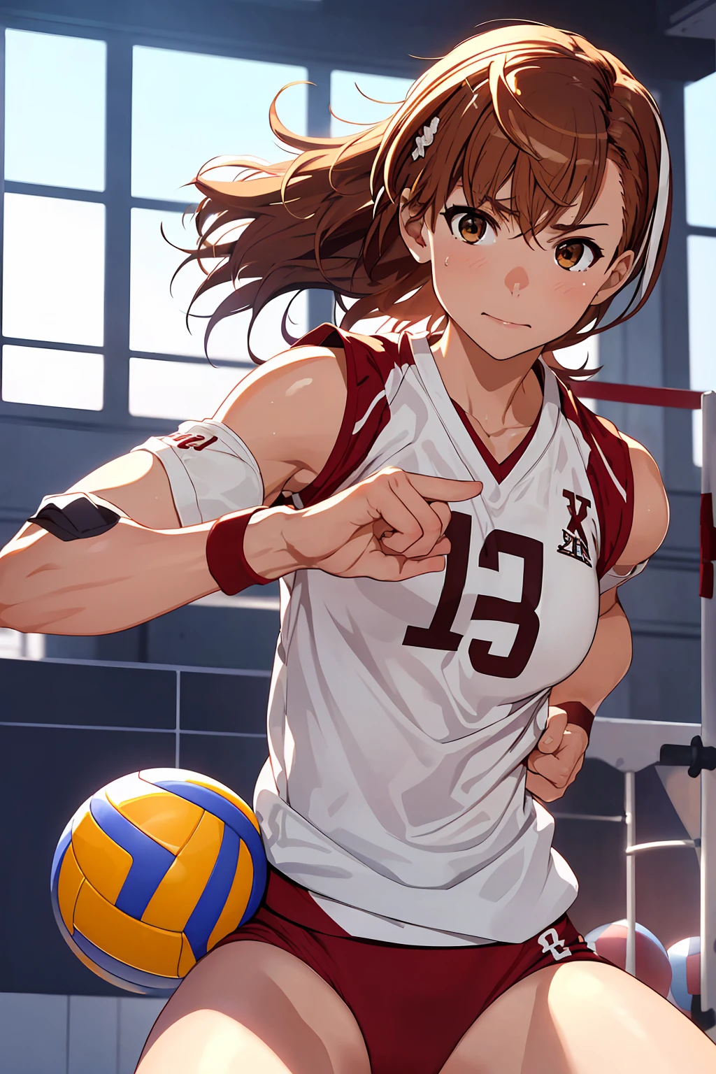 (Highest quality:1.5, High resolution, uhd, 4K, Detailed lighting, Shaders), ((Misaka Mikoto)) ,solo short hair　Brown Hair　Brown eyes　Cool face　　((Volleyball Uniforms))++　Realistic gym　 Sweat　Super oily skin　　Preparing for exercise　No ball　((No sleeve))　Cowboy shot Beautiful ass　Side angle