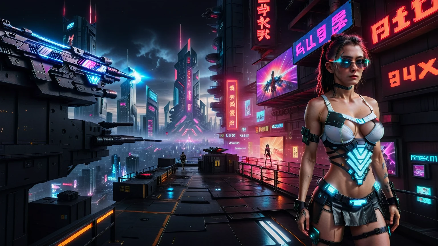 (((aerial view))) image of a cyberpunk cityscape, (((all-glass))) towering skyscrapers, a lot of neon lights and holographic billboards, futuristic, high-tech elements, 1drone. In the foreground, a woman, mechanical joints. at night, (((1girl, solo, alone))), photo realistic, (medium-breast slim body, cleavage), (((tank top, extreamly short pleated (((miniskirt))) exposing panty))), (((((black sunglasses))))), (((((aiming at camera with a (short gun), (looking at camera)))))), (((dynamic pose))), (((((half-body (thigh level) medium shot))))), (cinematic lighting).